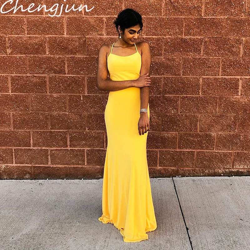 

Chengjun Sexy Bare Back Halter Simple Yellow Long African Evening Dresses