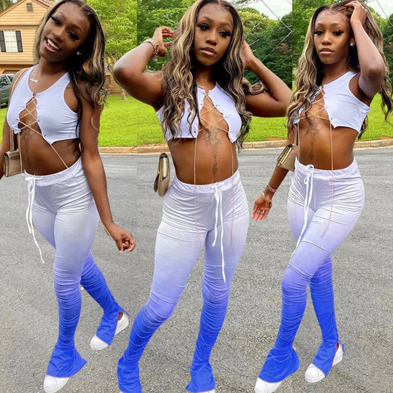 

Womens Gradient Metal Chain Bandage Crop Top and Stacked Slit Micro Pant Set