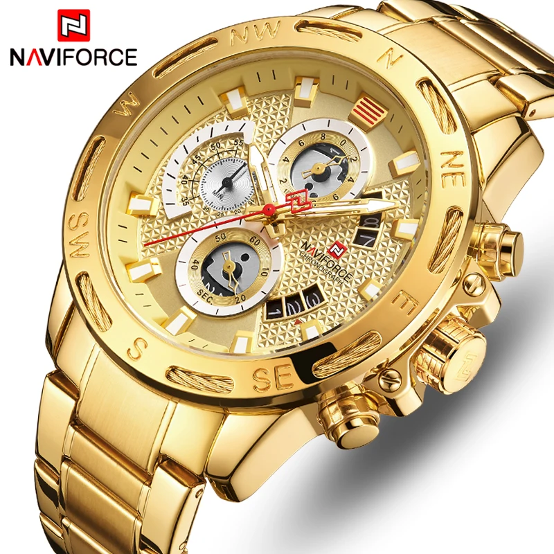 

Luxury Brand NAVIFORCE Mens Sport Watches Gold Full Steel Quartz Watch Men Date Week Waterproof Military Clock