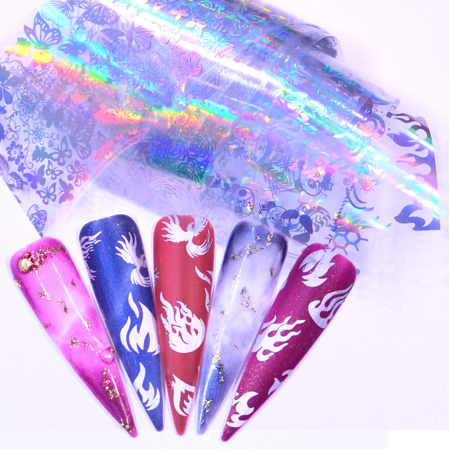 YZWLE 3D украшения для ногтей пламя наклейки для ногтей Фольга бабочка/цветы/пламя конструкции водяные наклейки для ногтей искусство наклейки s обертывания