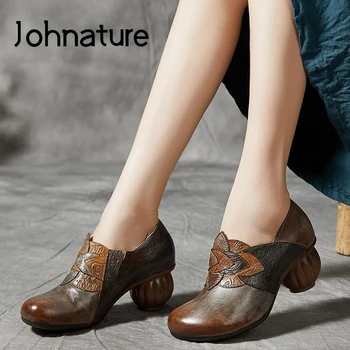 

Johnature Retro Round Heel Pumps Women Shoes 2020 New Spring Platform Heels Casual Slip-on Sewing Genuine Leather Ladies Shoes