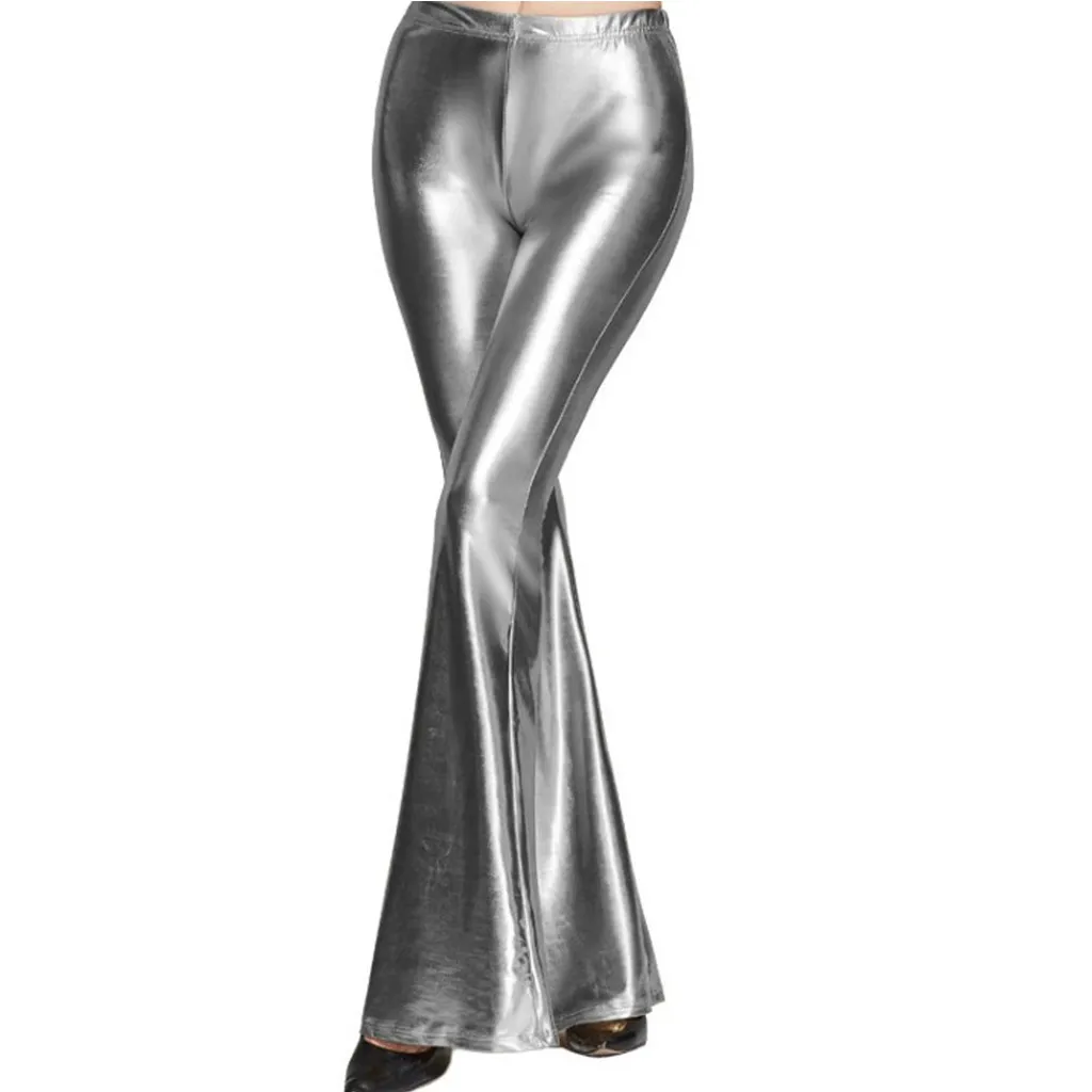 Женские блестящие расклешенные брюки с металлической отделкой, брюки с высокой талией, модные штаны для дискотеки