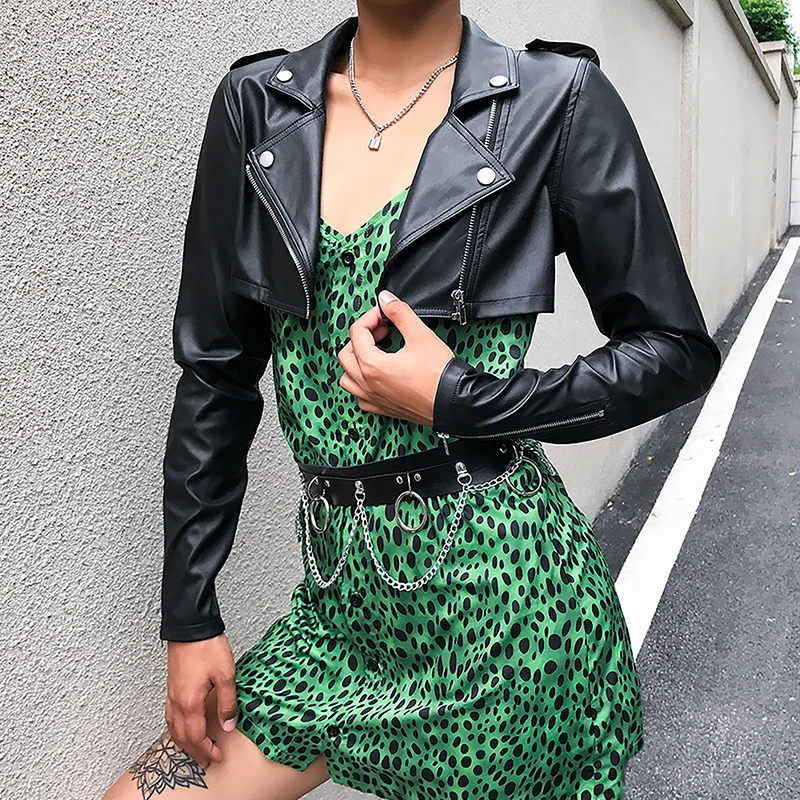 HEYounGIRL черного цвета на меху Искусственная кожа куртка Повседневное Harajuku байкерские укороченная куртка Для женщин с длинным рукавом Короткое пальто осень уличная одежда