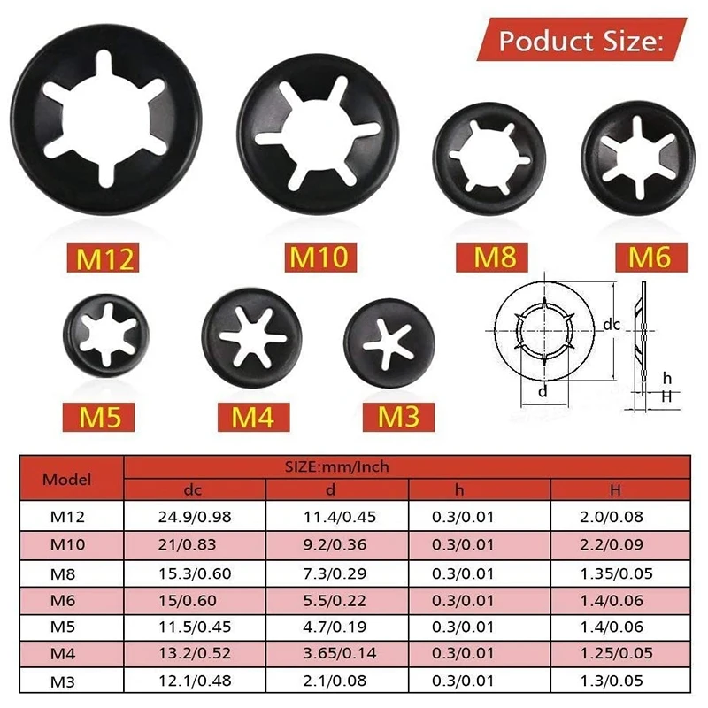 500 шт Внутренние Зуб Quicklock Starlock блокирующие шайбы M3 M12 черные быстроскоростные