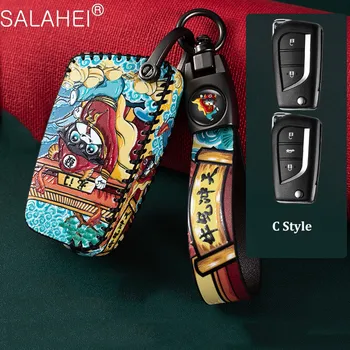 

Genuine Leather Car key Cover Case Shell Set Protector Fob for Toyota Aygo Yaris Highlander Camry RAV4 2 Button Key Holder