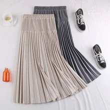 Серая, черная, бежевая эластичная юбка миди с высокой талией, плиссированная бархатная юбка для женщин, Зимние Теплые юбки для женщин saia saias