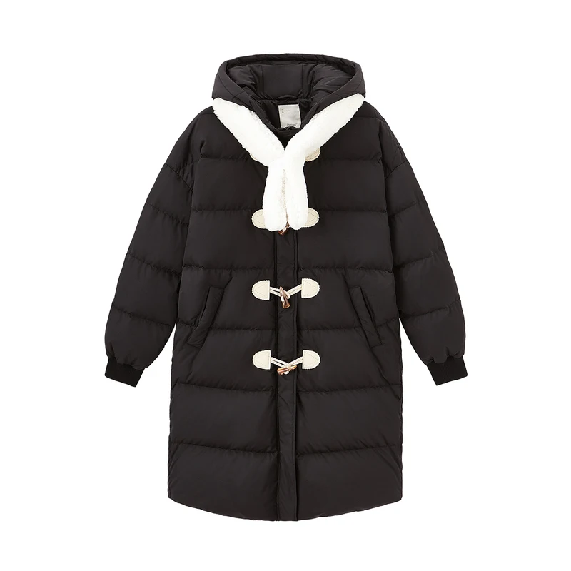 Inman Winter Duck Down Jacket Women's Long Scarf Horn Buckle Loose Hooded Jacket