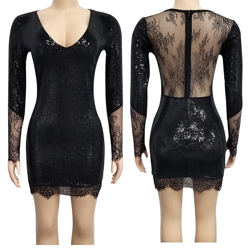 black 2 Сексуальное женское облегающее черное платье vestidos, платья для вечеринок, Украинская одежда sukienki, кружевное платье с блестками и длинным рукавом - Цвет: black 2
