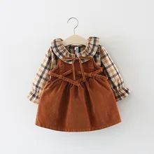 Клетчатая Рубашка с длинными рукавами для маленьких девочек+ вельветовый сарафан платье из двух предметов осенне-зимнее нарядное платье принцессы для малышей Одежда для новорожденных