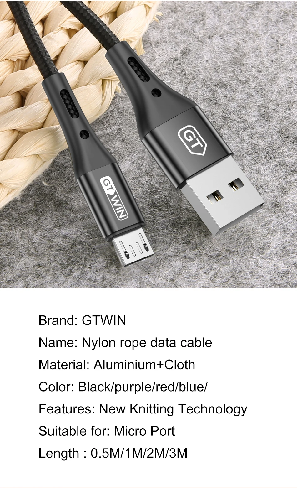 GTWIN 3A Micro usb кабель провод для быстрого заряда кабель для передачи данных для samsung s7 a70 Xiaomi p30 Android Microusb кабель для быстрой зарядки 1 м 2 м 3 м