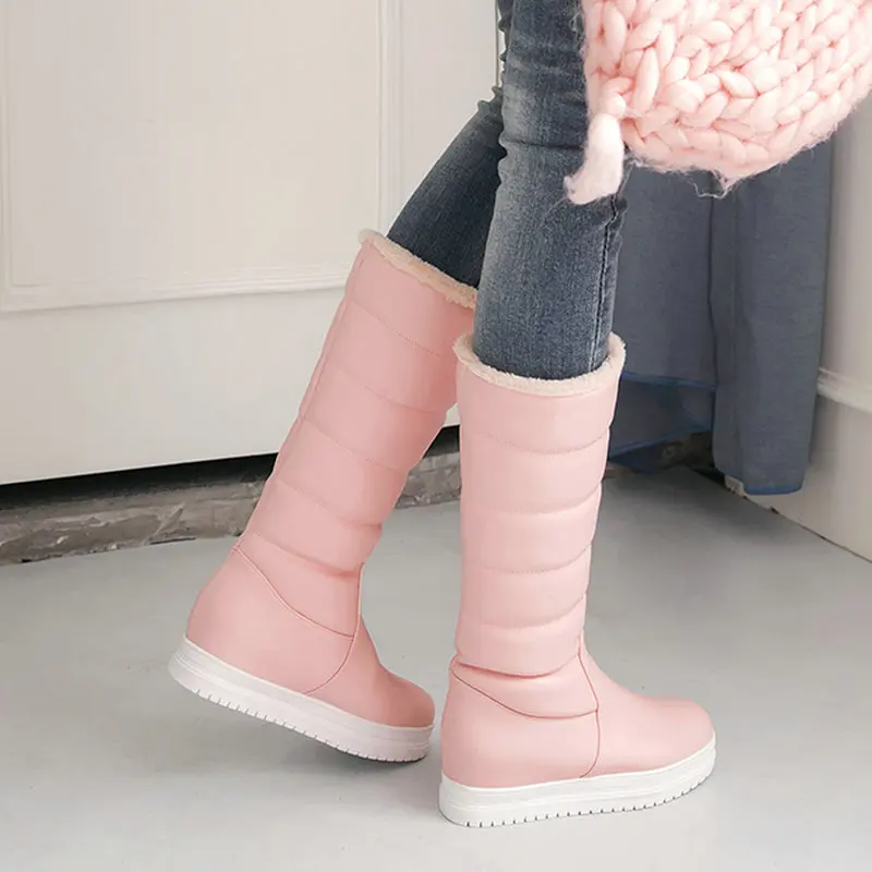 Зимние теплые плюшевые сапоги до колена; удобные женские зимние сапоги на плоской подошве; женская обувь без застежки на платформе; цвет черный, розовый, белый; - Цвет: Pink Calf boots