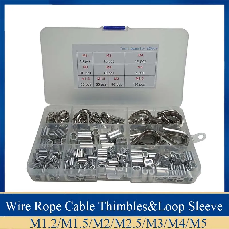 225Pcs/Set M1.2/1.5/2/3/4/5 Stainless Steel Thimble and 6-Size Aluminum Crimping Loop Sleeve Assortment Kit thimble and sleeve kit