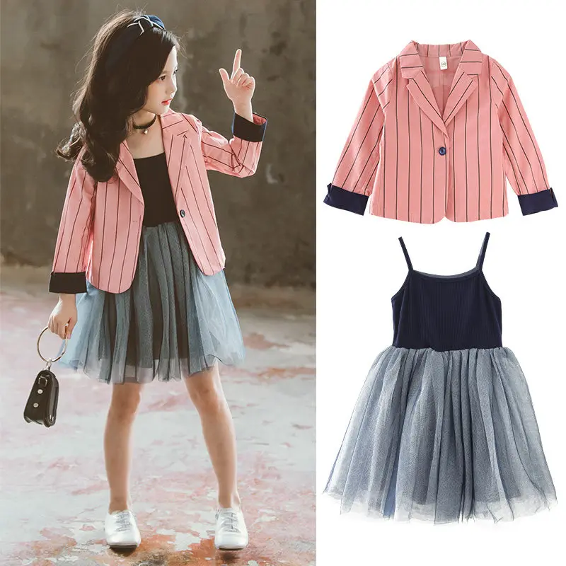 

Girls Clothing Set Autumn Teenage Girls Striped Suit Jackets +Dress School Tracksuit Girls Clothes Children Clothes 4-13 Years