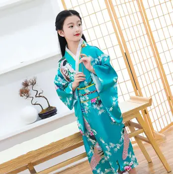 

Japanese National Style Young Girls Kimono Yukata with Dance Dress Gown Vintage Print Floral Stage Show Clothing Cosplay