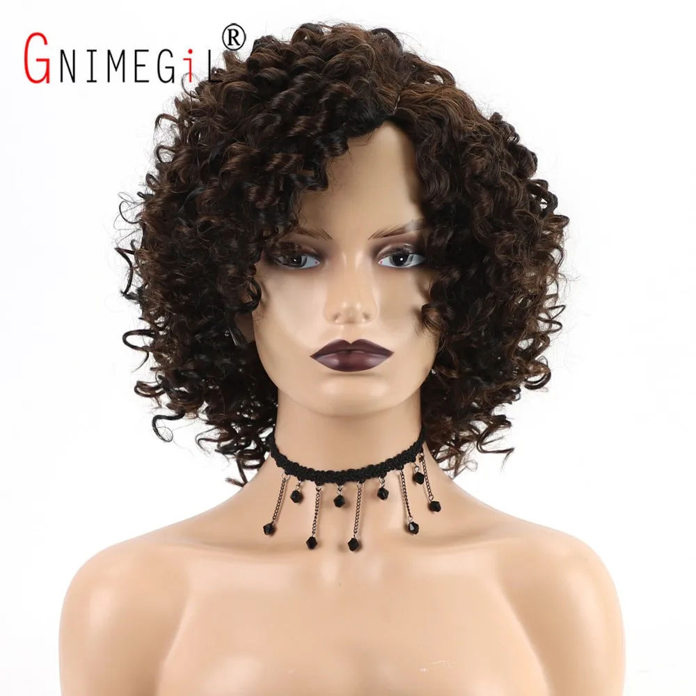 GNIMEGIL Female Afro Kinky Curly Wig Synthetic Fiber Colly Curls Wigs for Black Women Fashion Dark Brown Hair Replacement Wig