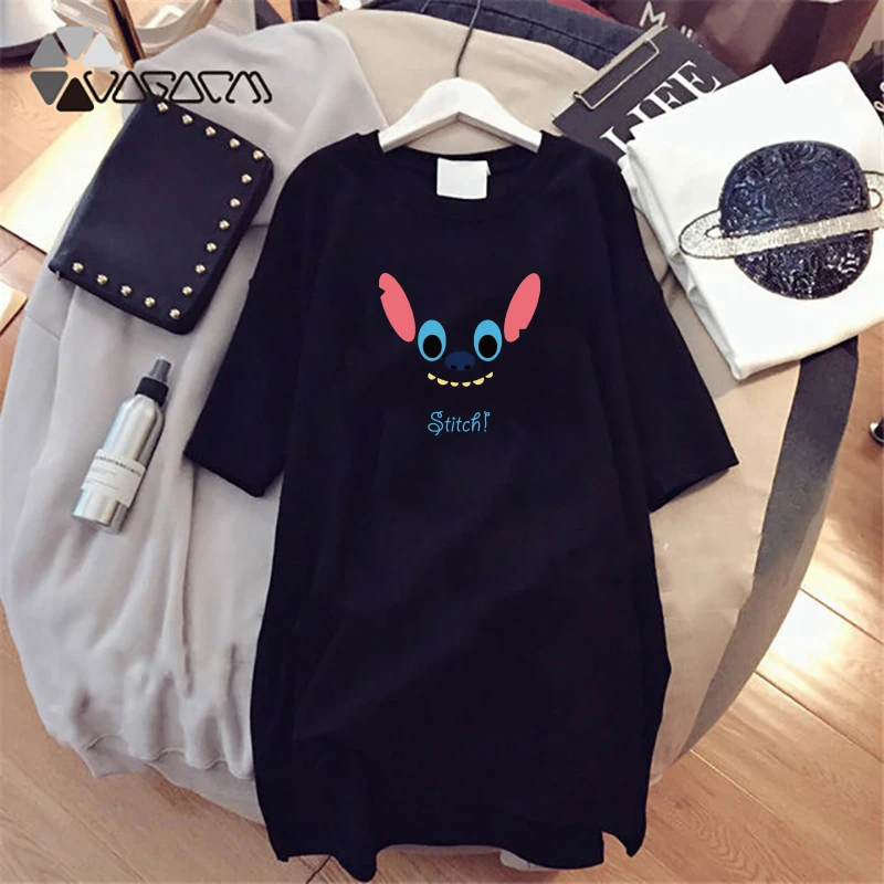 2019-Summer-Women-Dresses-Stitch-Cartoon-Printing-Casual-Loose-Black-Midi-Women-Clothes-Big-Size-Cute