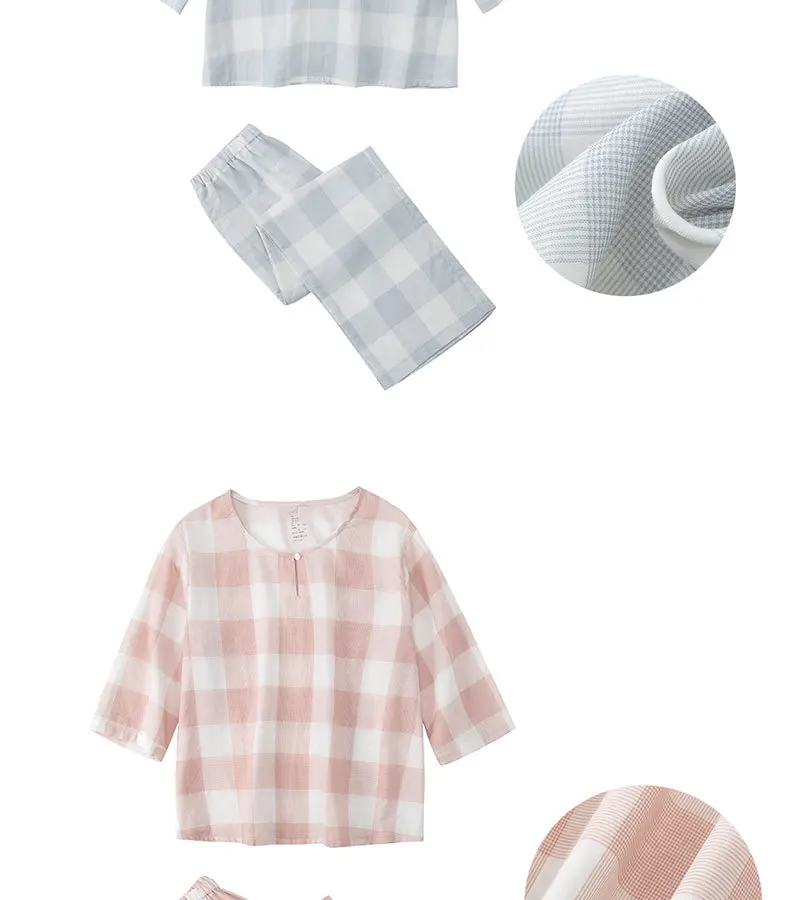 Casual Halbe Hülse Plaid frauen Pyjamas Set Neun Ponit Hose Nachtwäsche Hause Anzug Neue Lose Baumwolle Nachtwäsche Pijama Mujer – Detail 2