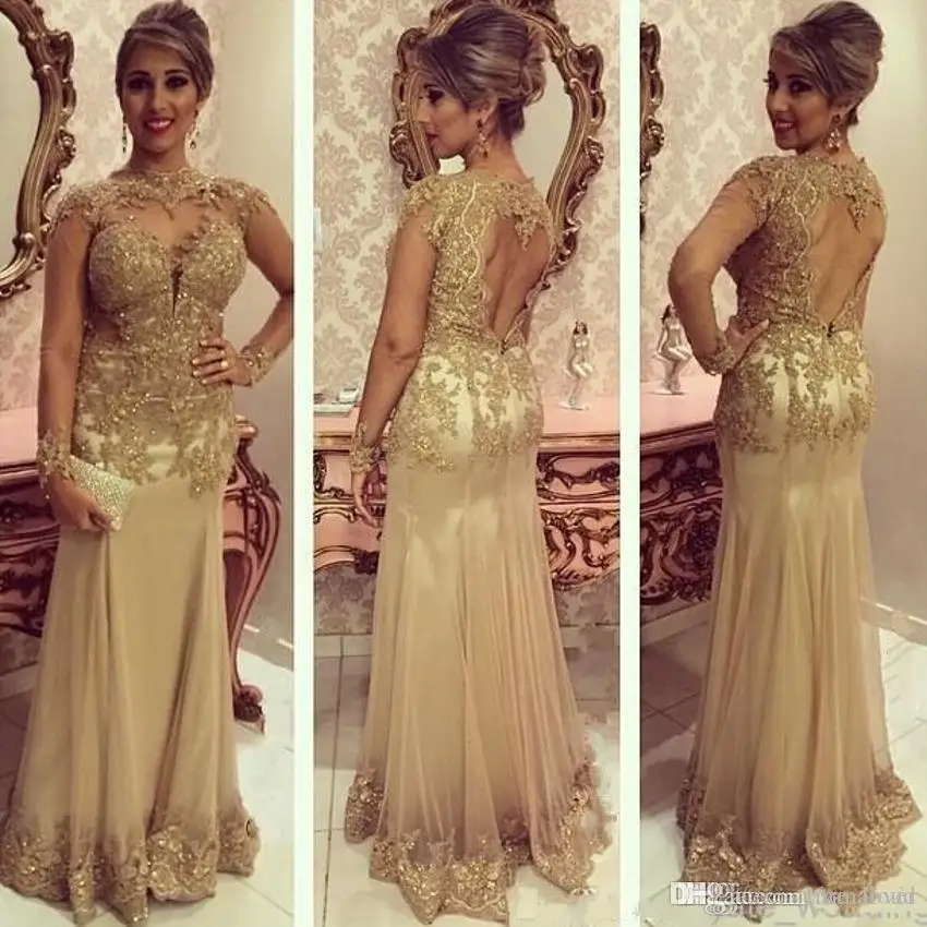 Золотое кружевное платье с аппликацией, vestido de madrinha, иллюзионный рукав, открытая спина, Русалка, официальное вечернее платье, фарсали, платья для матери невесты - Цвет: same as picture