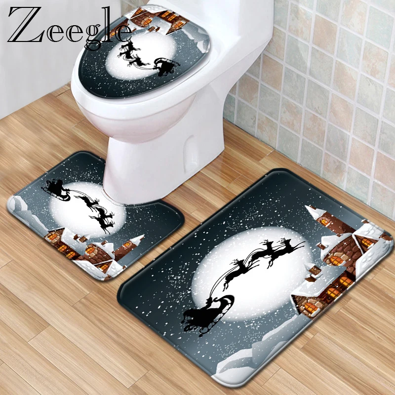 Zeegle 3pcs Bathroom Carpet Set Christmas Non-Slip Bath Mat Bathroom Rug Kitchen Carpet Absorbent Toilet Rug Foot Mat