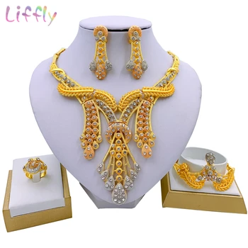 

Liffly New Bridal Dubai Jewelry Sets Indian Crystal Earrings Bracelet Ring Wedding African Necklace Sets for Women