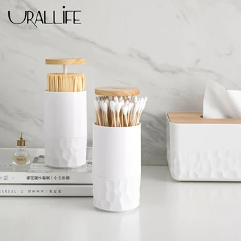 

Urallife Toothpick Holder Press Type Cotton Swab Box Creative Toothpick Stand Container Table Toothpick Safety Wood Storage Box