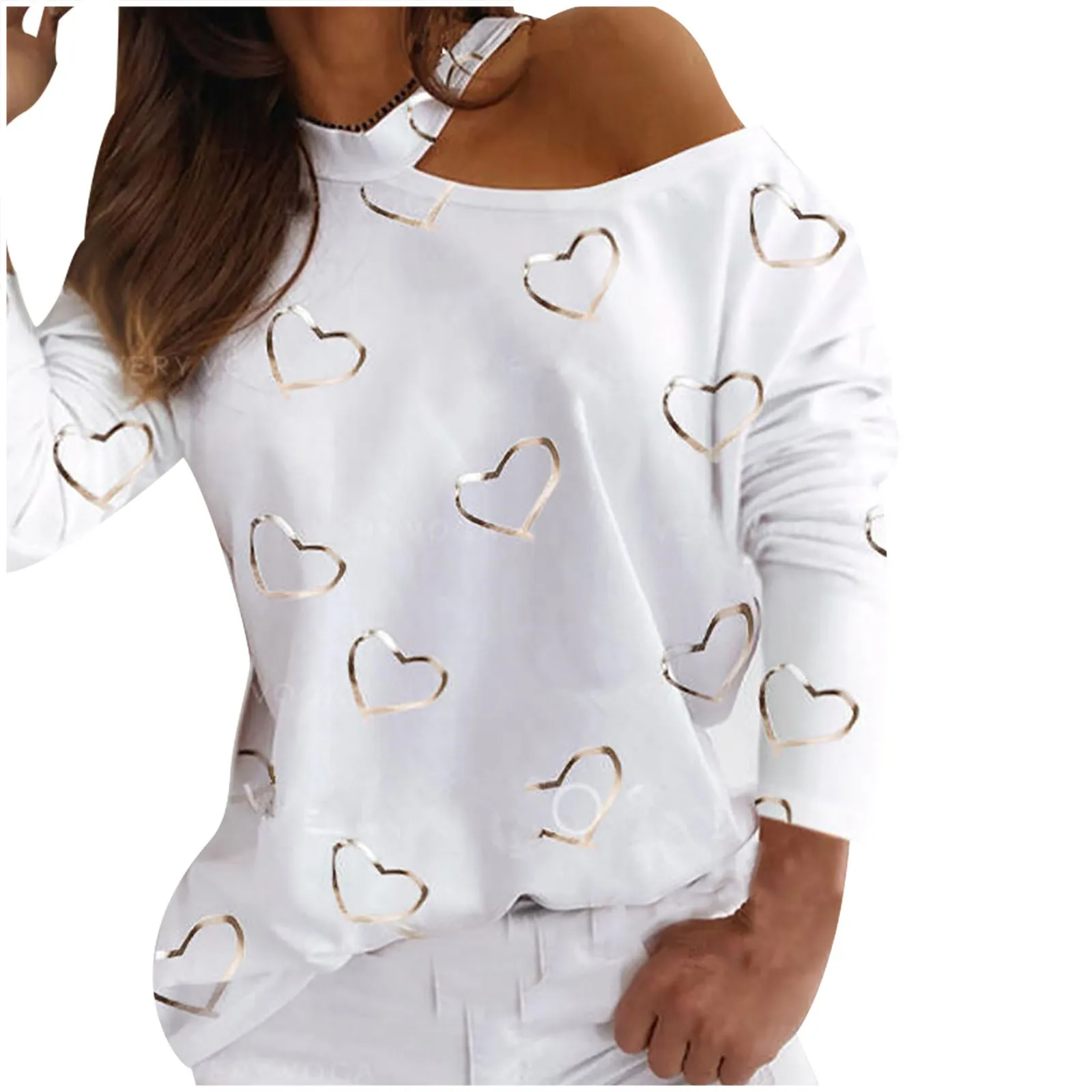Женская мода Любовь без бретелек с принтом Длинные рукава блузка-Толстовка Топы
