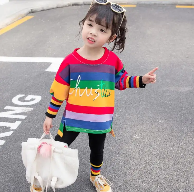 Модная одежда для девочек зарубежной детской костюм с длинными рукавами Новинка осени, в полоску, футболки, лосины Детский костюм женский одежда для малышей