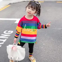 Модная одежда для девочек зарубежной детской костюм с длинными рукавами Новинка осени, в полоску, футболки, лосины Детский костюм женский одежда для малышей