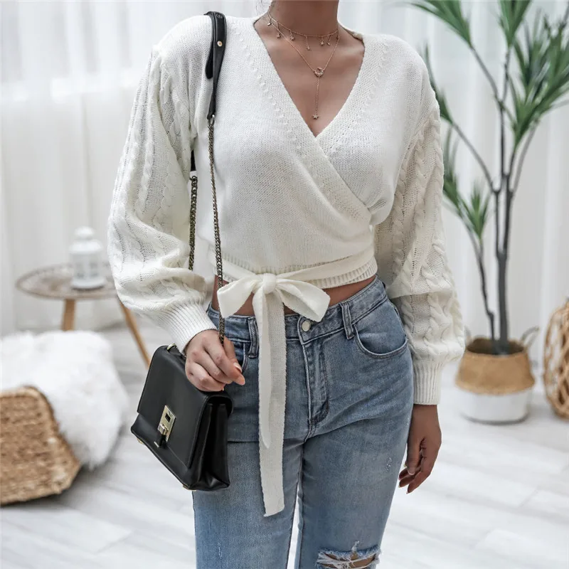 

2020 New Autumn / Winter Solid Color V-neck Sweater For Women's Long-sleeved Lace-up Short Top Sexy Lady Street Wear