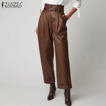 

Women's Wide Leg Trousers ZANZEA 2020 Fashion PU Leather Pants Casual Button Zip Long Pantalon Female Black Turnip Oversized