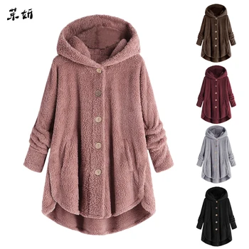 

Plus Size Women Hoodies Jacket 2019 Autumn Winter Fleece Warm Hoodie Coats Female Plush Button Loose Irregular Jackets Outerwear