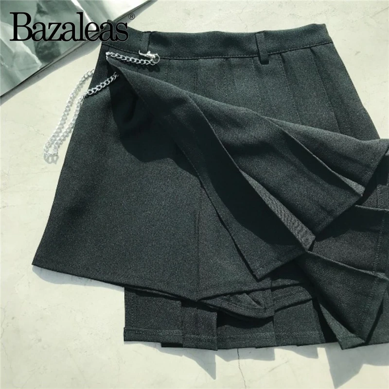 Bazaleas Harajuku, мини-юбка с боковой цепью, сексуальная женская юбка, модные плиссированные юбки, асимметричные юбки с высокой талией для женщин