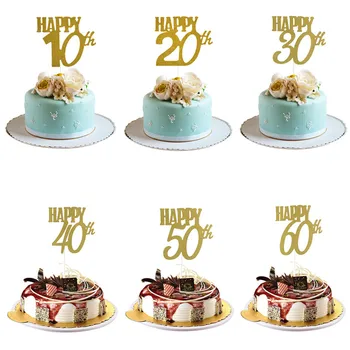 

1Pcs Happy Birthday 10/20/30/40/50/60th Cupcake Toppers Glitter Silhouette Cake Topper Wedding Birthday Party Cake Decoration. Q