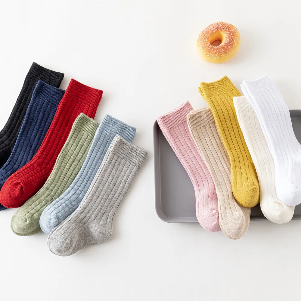 Chaussettes pour nouveau-né fille et garçon, chaussettes hautes, longues et unies à rayures en coton, pour enfants de 0 à 3 ans