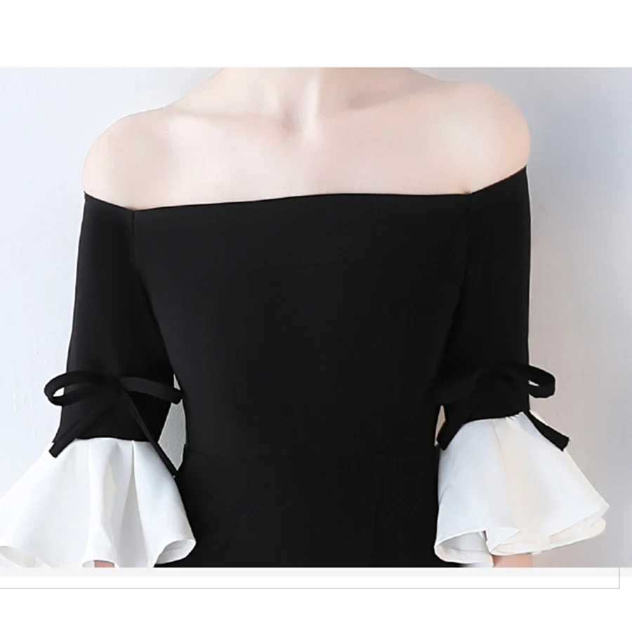 Вечернее платье с оборками, рукав до локтя, Robe De Soiree, вырез лодочкой, черные вечерние платья с разрезом, с открытыми плечами, официальное платье LX355