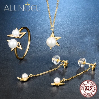 

ALLNOEL Real 925 Sterling Silver half-star pearl Ring Necklace Drop Earrings Jewelry sets For Women Wedding Boutique 2019 New