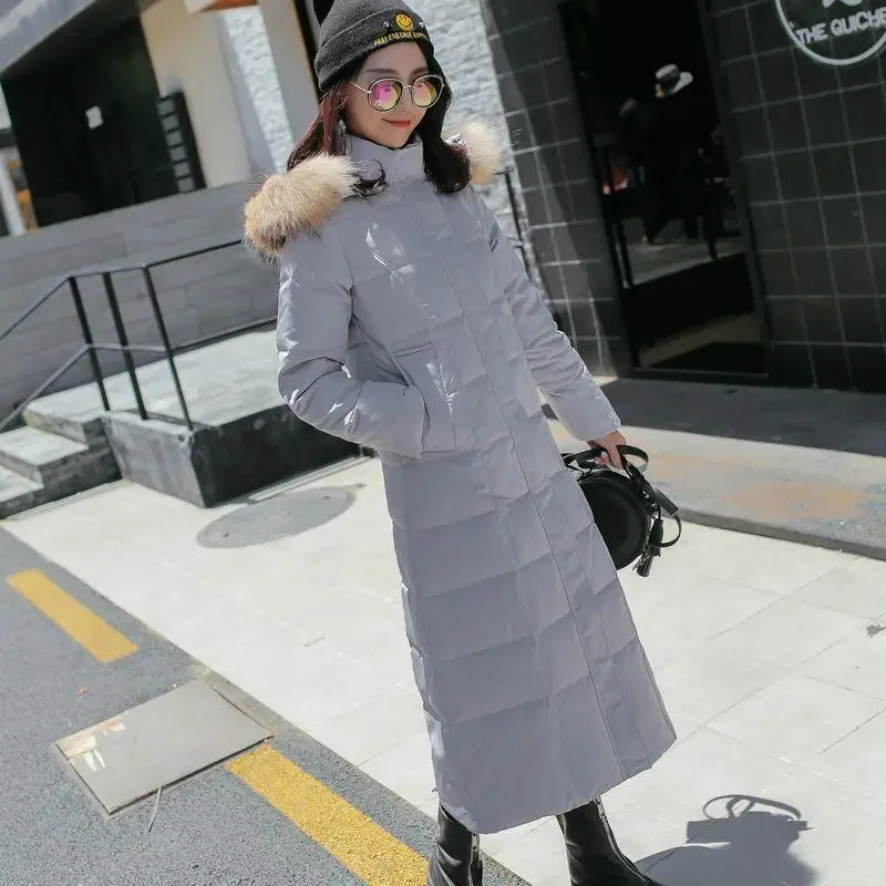 Зимняя куртка женская с капюшоном пуховое пальто с воротником из натурального меха енота женское теплое тонкое белое пуховое длинное пальто Верхняя одежда E23 - Цвет: gray