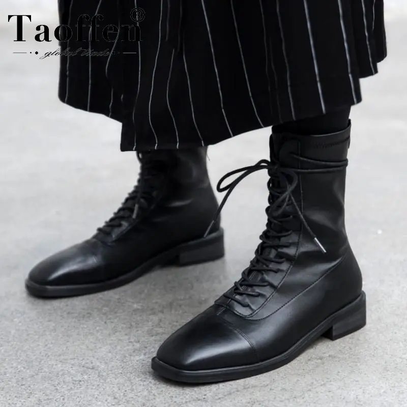 Taoffen Sexy Square Toe Ankle Boots For Women Real Leather Shoes Casual Office Ladies Flats Platform Footwear Size 34-39 | Обувь
