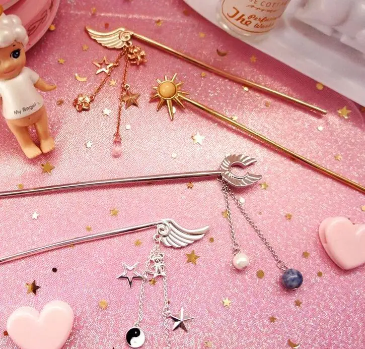 Карта Captor Cardcaptor SAKURA Косплей палочки для волос шпильки звезда золото серебро ювелирные изделия с кистями аксессуары для женщин девушки ювелирные изделия