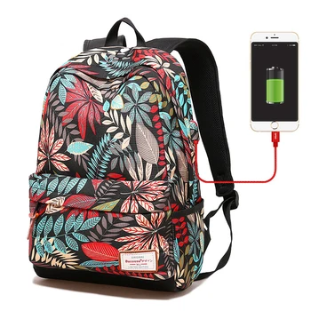 

USB Charging Women Laptop Backpack Leaf Printing College Students School Bags for Teenage Girls Large Female Travel Backpacks