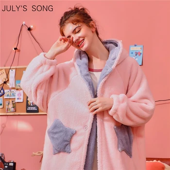 

JULY'S SONG Winter Nightdress Thicken Flannel Women Long Sleeve Hooded Nightgown Sleepwear Warm Cute Cartoon Animal Girl Robe
