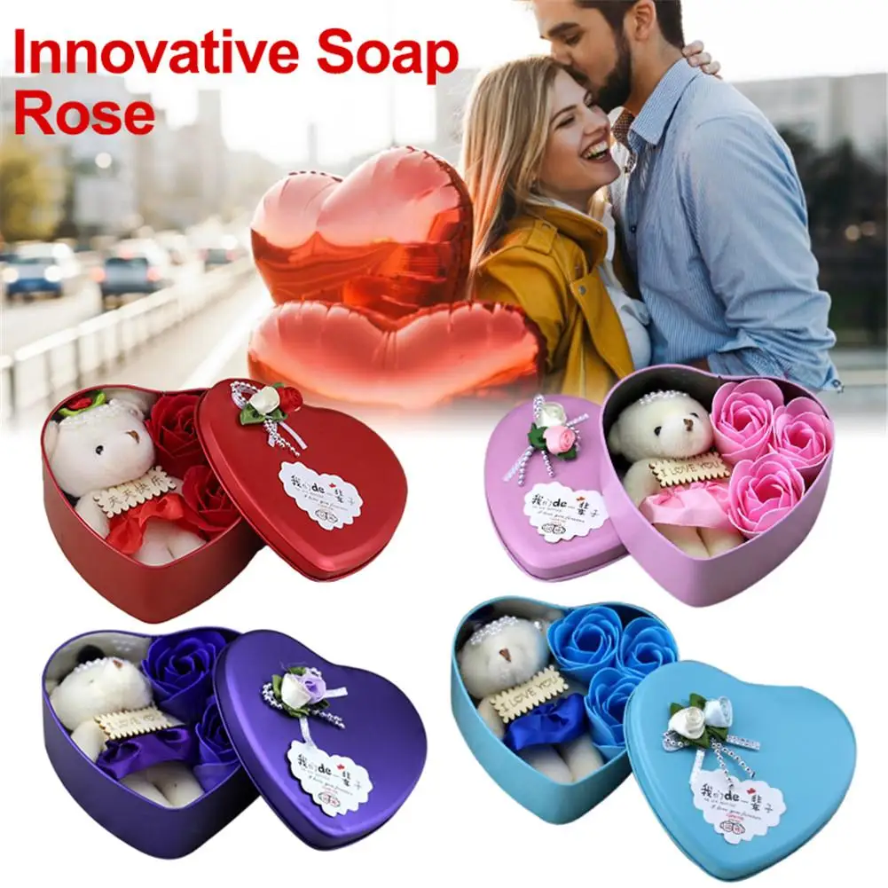 

Creative Soap Rose Heart-shaped Iron Box With Three Soap Flowers Valentine's Day Gift Cute Bear Holiday Gift For Girlfriend
