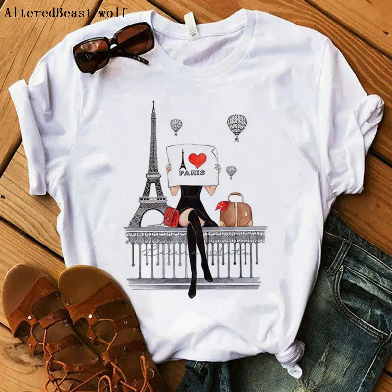Женская футболка с принтом «Я люблю Париж», летняя футболка с Эйфелевой башней, женские повседневные свободные топы с коротким рукавом, модная свободная футболка