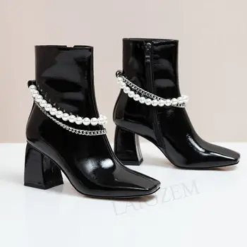 

LAIGZEM Women Ankle Boots Side Zip Chunky Block Heels Wedding Peral Boots 2021 Spring Winter Shoes Woman Big Size 33 38 39 40