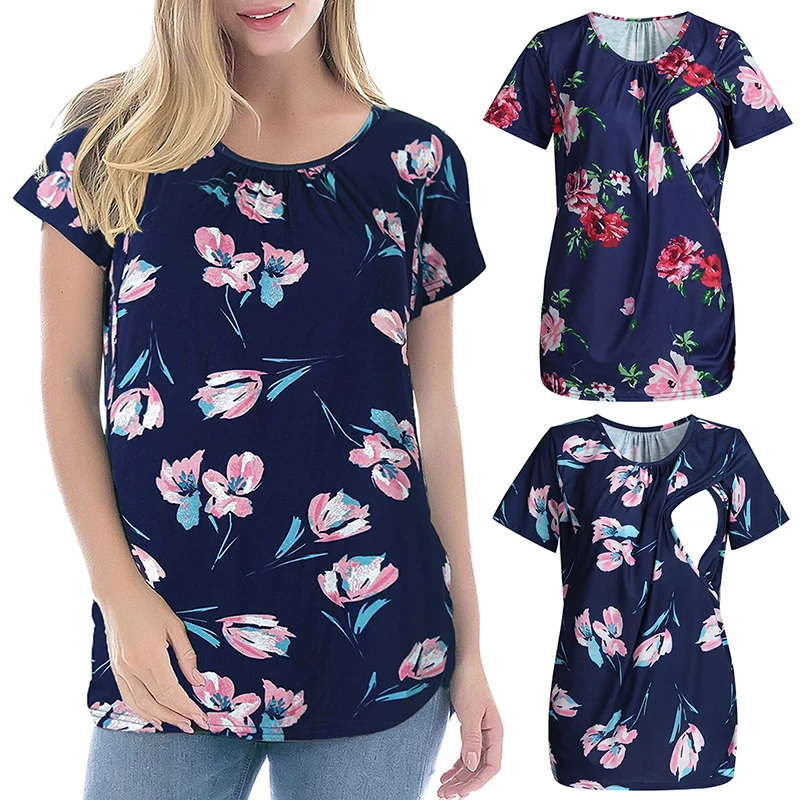 Летняя новая материнская футболка, Цветочный цвет, круглый вырез, короткий рукав, грудное вскармливание, месяц, костюм для беременных женщин, ежедневные одежда для кормления