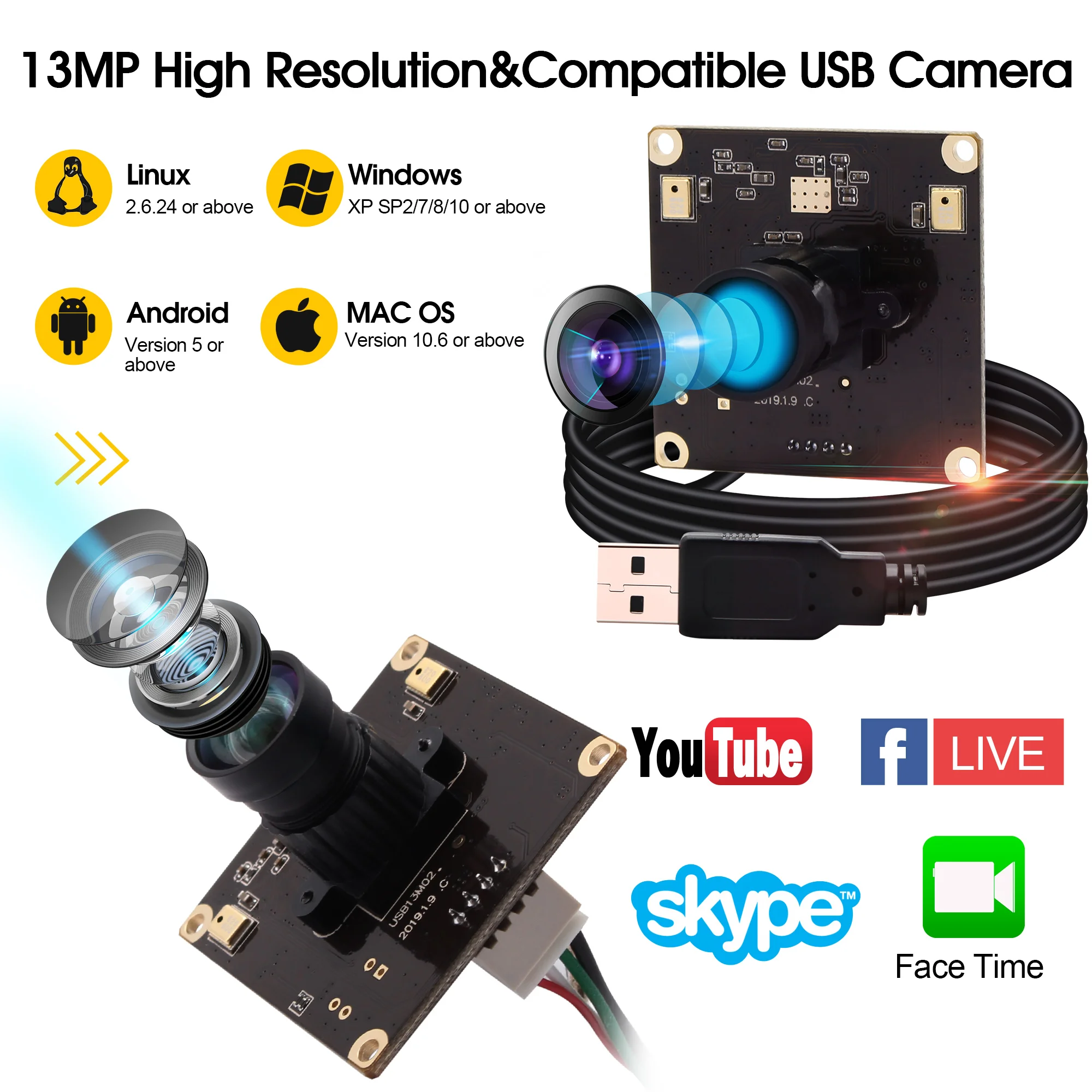 Широкоугольный USB модуль для веб камеры Sony IMX214 3840x2880 13 МП рыбий глаз с микрофоном