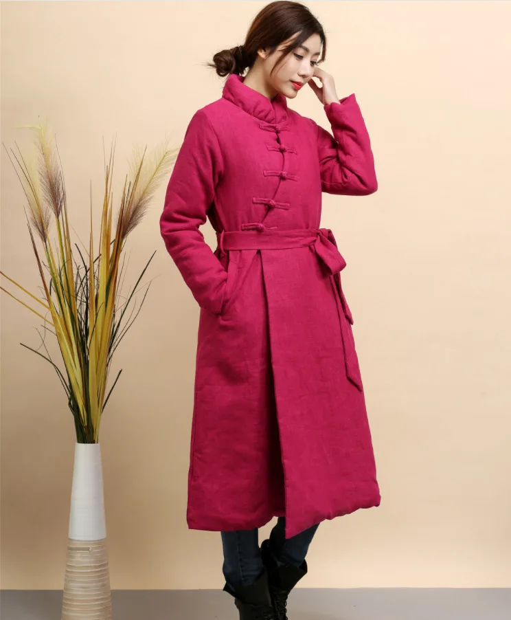 

Autumn And Winter New Style WOMEN'S Coat Flax Solid Color Belt Cotton-padded Clothes Mid-length Warm Retro Cotton-padded Jacket