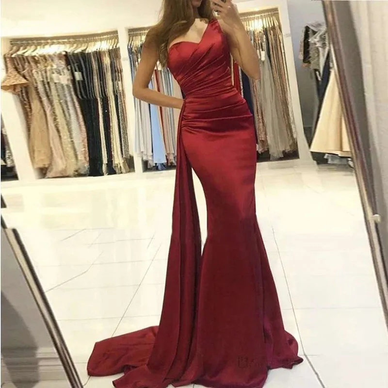 black evening gowns Sexy Emerald Green Mermaid Sexy One-Shoulder Ribbon Tail Satin Formal Evening Dress evening gowns for women