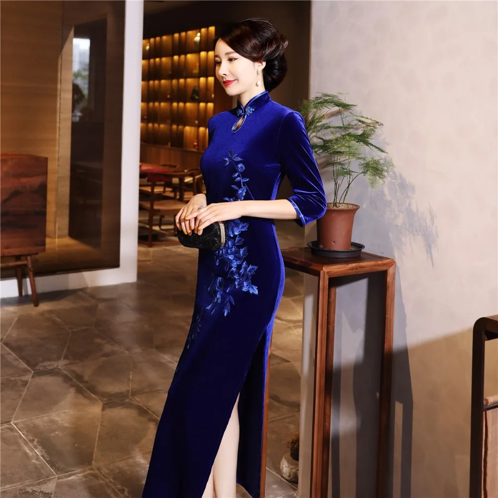 Шанхай история бархат Cheongsam китайское платье вышивка Qipao длинное