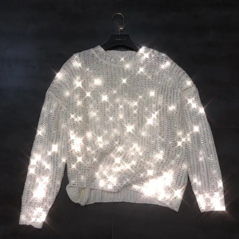 

2019 autumn new vertical rhinestone hot drilling heavy industry super shiny round neck pullover loose sweater
